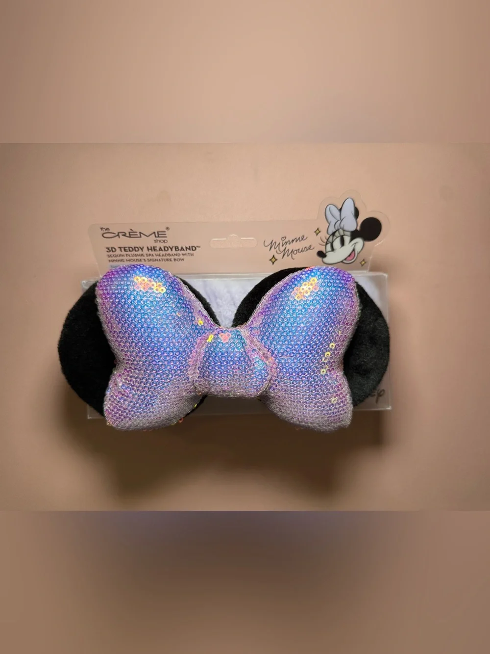 NWT The Crème Shop x Disney Minnie Mouse 3D Spa Headband Iridescent Sequin Bow